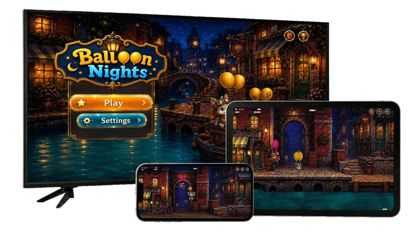 Balloon Nights shown across TV, tablet, and mobile screens